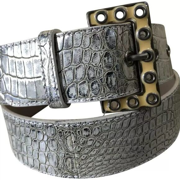 Donald Pliner Belt Ivory Croc Metallic Leather Metal Buckle New NWT $245 adjust main image 5